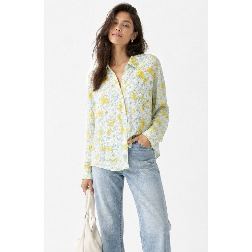 Chaser Women’s Floral Button Front Blouse Size S White Yellow Blue Rayon Shirt